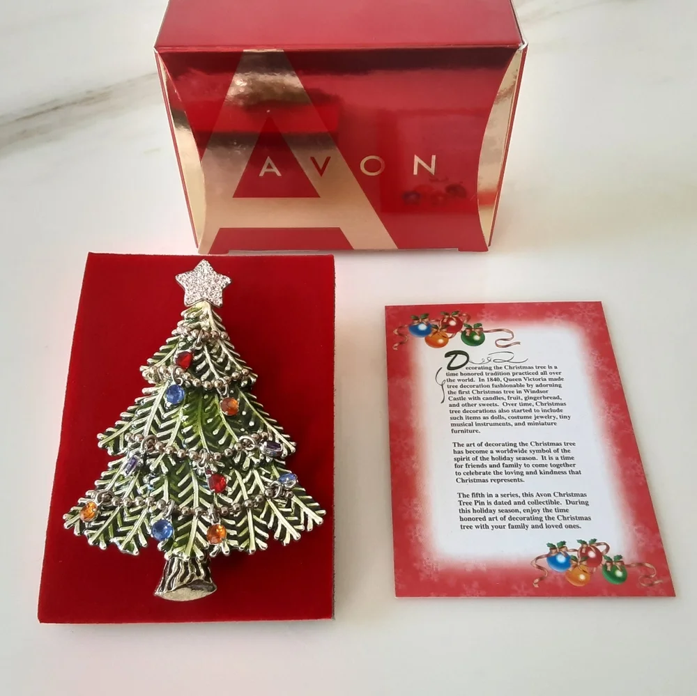 Avon 2008 5th Annual Dangling Rhinestone Enamel Christmas Tree Brooch  Vtg/NIB